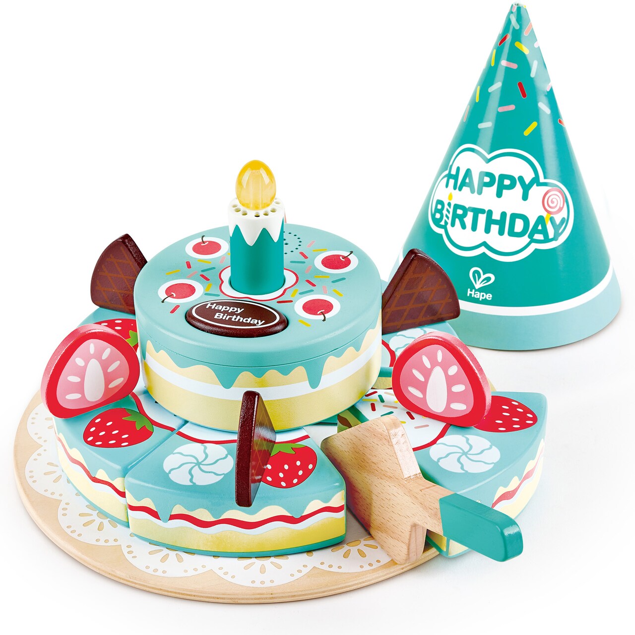 Hape: Interactive Happy Birthday Cake - 16pc Light & Sound Wooden Toy, Cake-Hat-Candle-Slicer, Kitchen Food, Pretend Playset, Toddlers & Kids Ages 2+